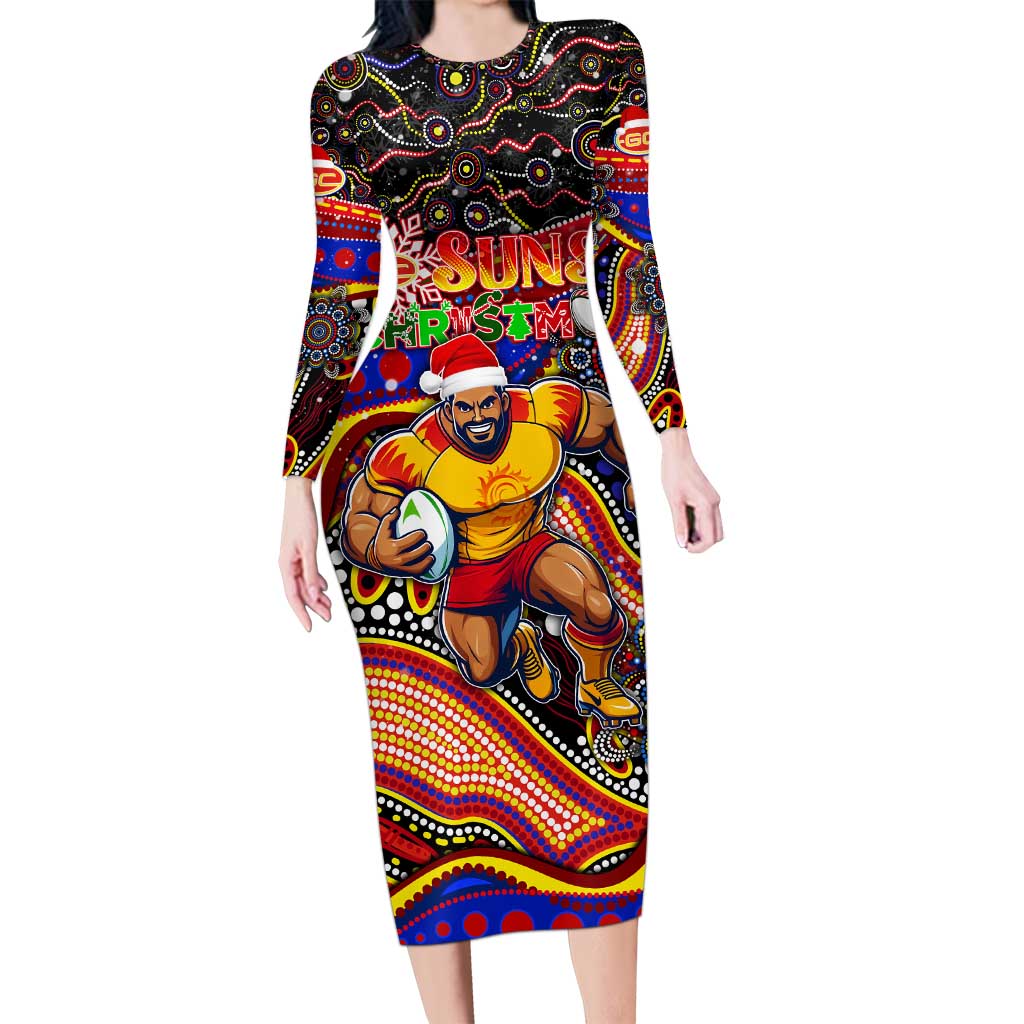 Merry Christmas AFL Gold Coast Suns Long Sleeve Bodycon Dress Aboriginal Santa Football Mascot