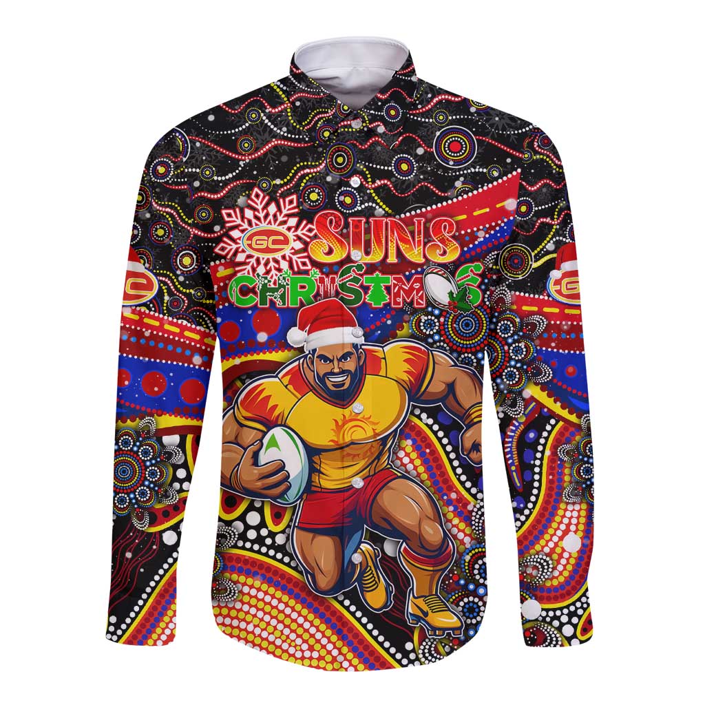 Merry Christmas AFL Gold Coast Suns Long Sleeve Button Shirt Aboriginal Santa Football Mascot