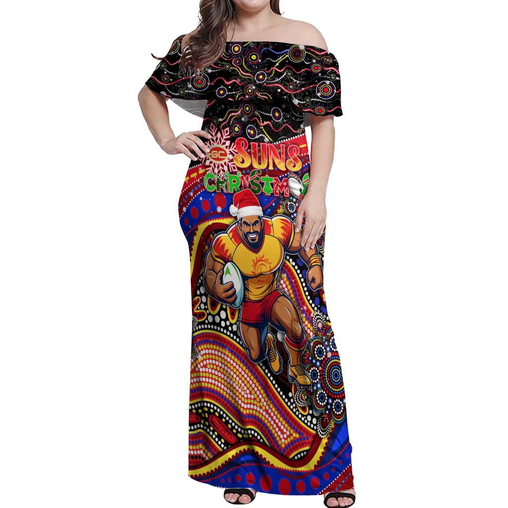 Merry Christmas AFL Gold Coast Suns Off Shoulder Maxi Dress Aboriginal Santa Football Mascot