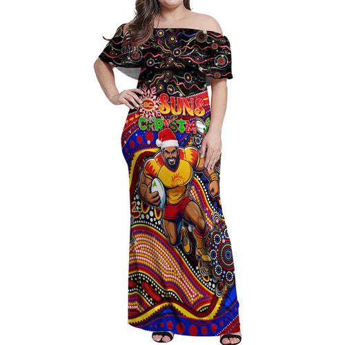 Merry Christmas AFL Gold Coast Suns Off Shoulder Maxi Dress Aboriginal Santa Football Mascot