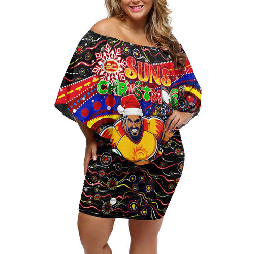 Merry Christmas AFL Gold Coast Suns Off Shoulder Short Dress Aboriginal Santa Football Mascot