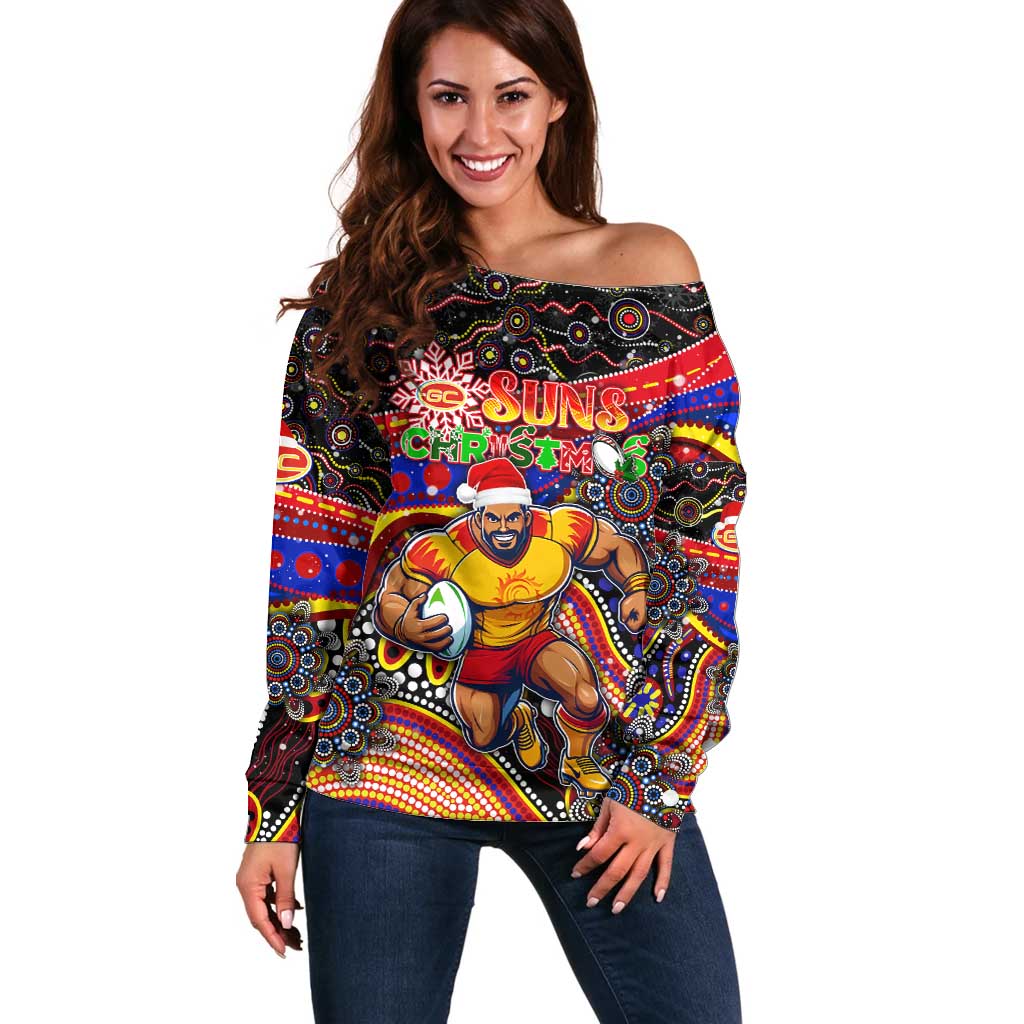 Merry Christmas AFL Gold Coast Suns Off Shoulder Sweater Aboriginal Santa Football Mascot