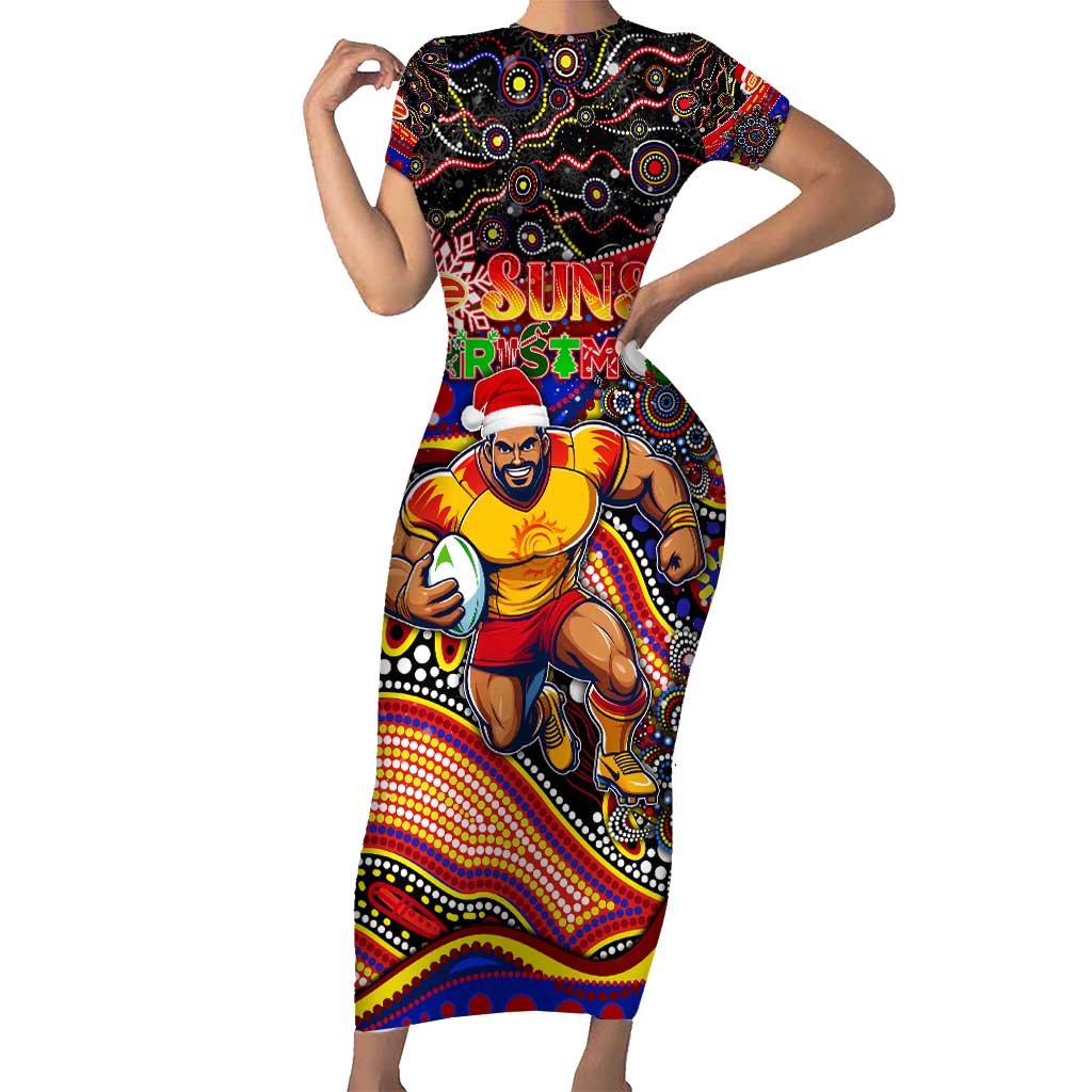 Merry Christmas AFL Gold Coast Suns Short Sleeve Bodycon Dress Aboriginal Santa Football Mascot