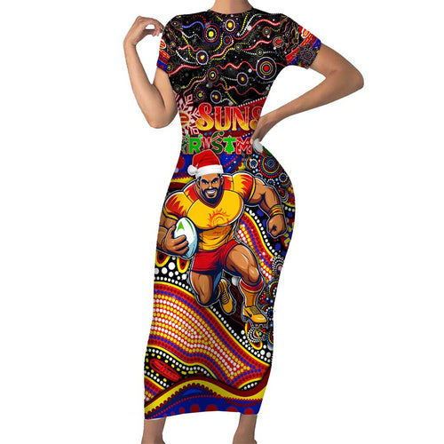 Merry Christmas AFL Gold Coast Suns Short Sleeve Bodycon Dress Aboriginal Santa Football Mascot