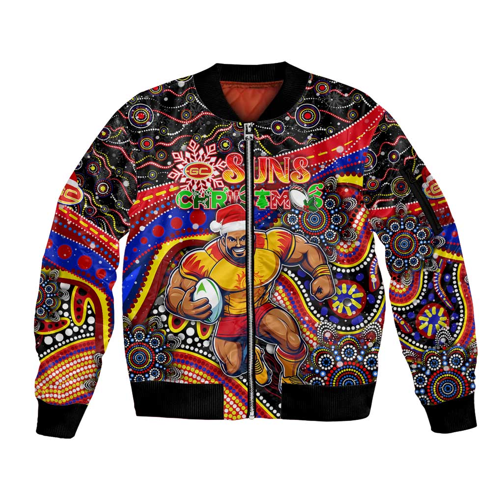 Merry Christmas AFL Gold Coast Suns Sleeve Zip Bomber Jacket Aboriginal Santa Football Mascot