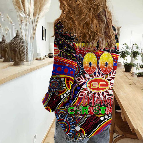 Merry Christmas AFL Gold Coast Suns Women Casual Shirt Aboriginal Santa Football Mascot