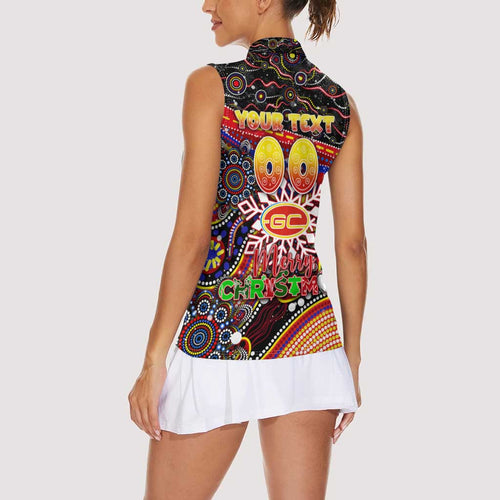 Merry Christmas AFL Gold Coast Suns Women Sleeveless Polo Shirt Aboriginal Santa Football Mascot