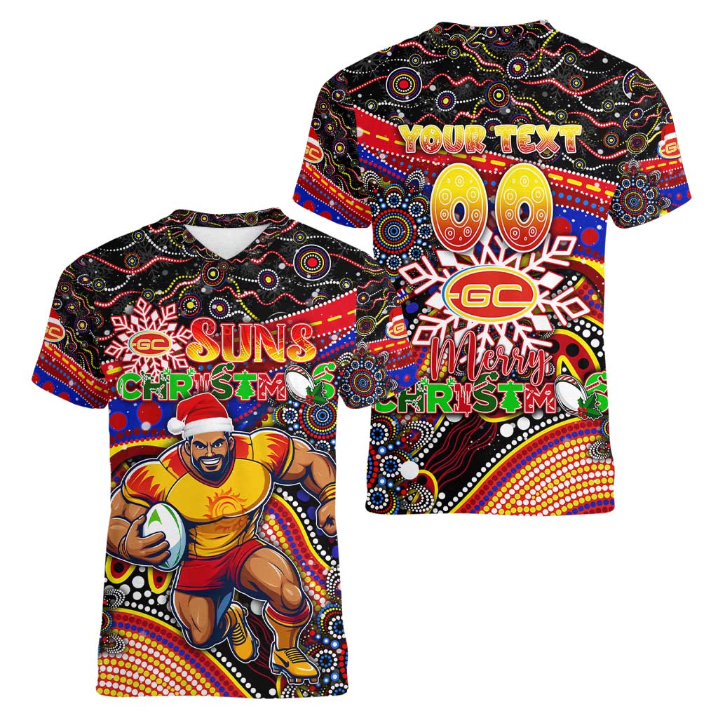 Merry Christmas AFL Gold Coast Suns Women V-Neck T-Shirt Aboriginal Santa Football Mascot