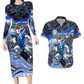 Merry Christmas AFL Kangaroos Couples Matching Long Sleeve Bodycon Dress and Hawaiian Shirt Aboriginal Santa Football Mascot