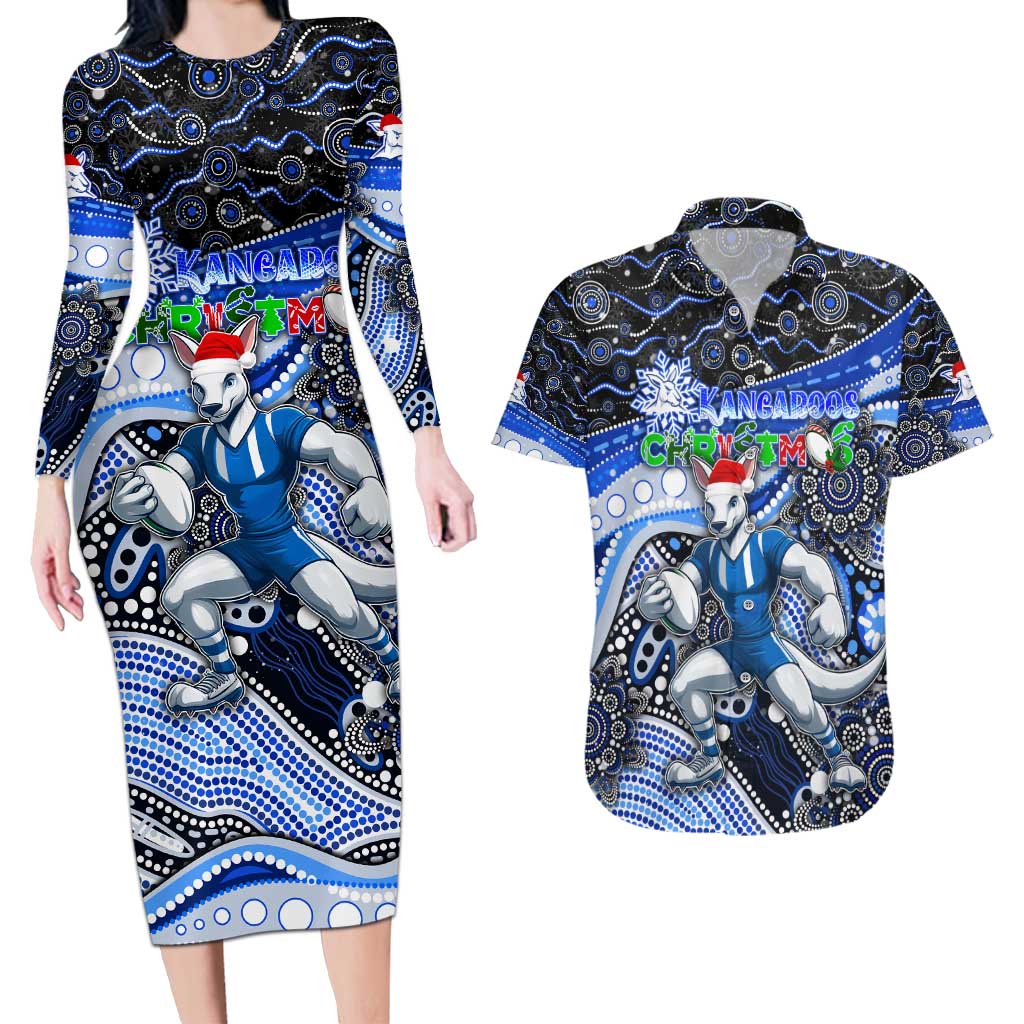 Merry Christmas AFL Kangaroos Couples Matching Long Sleeve Bodycon Dress and Hawaiian Shirt Aboriginal Santa Football Mascot