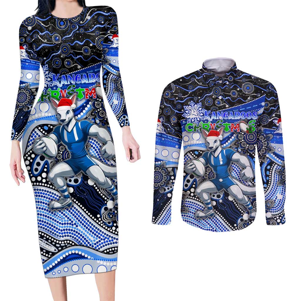 Merry Christmas AFL Kangaroos Couples Matching Long Sleeve Bodycon Dress and Long Sleeve Button Shirt Aboriginal Santa Football Mascot