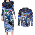 Merry Christmas AFL Kangaroos Couples Matching Long Sleeve Bodycon Dress and Long Sleeve Button Shirt Aboriginal Santa Football Mascot