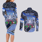 Merry Christmas AFL Kangaroos Couples Matching Long Sleeve Bodycon Dress and Long Sleeve Button Shirt Aboriginal Santa Football Mascot