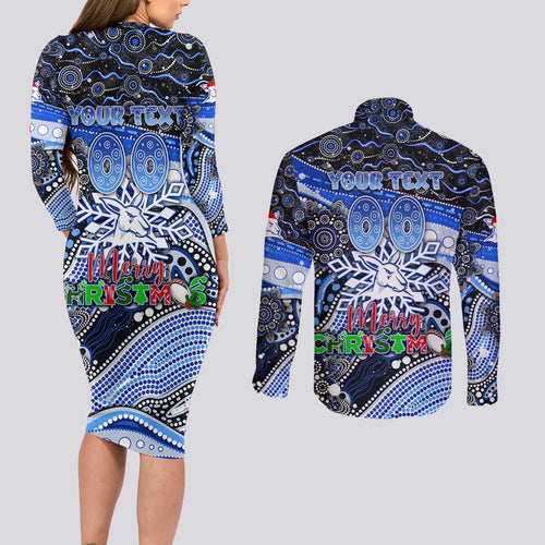 Merry Christmas AFL Kangaroos Couples Matching Long Sleeve Bodycon Dress and Long Sleeve Button Shirt Aboriginal Santa Football Mascot