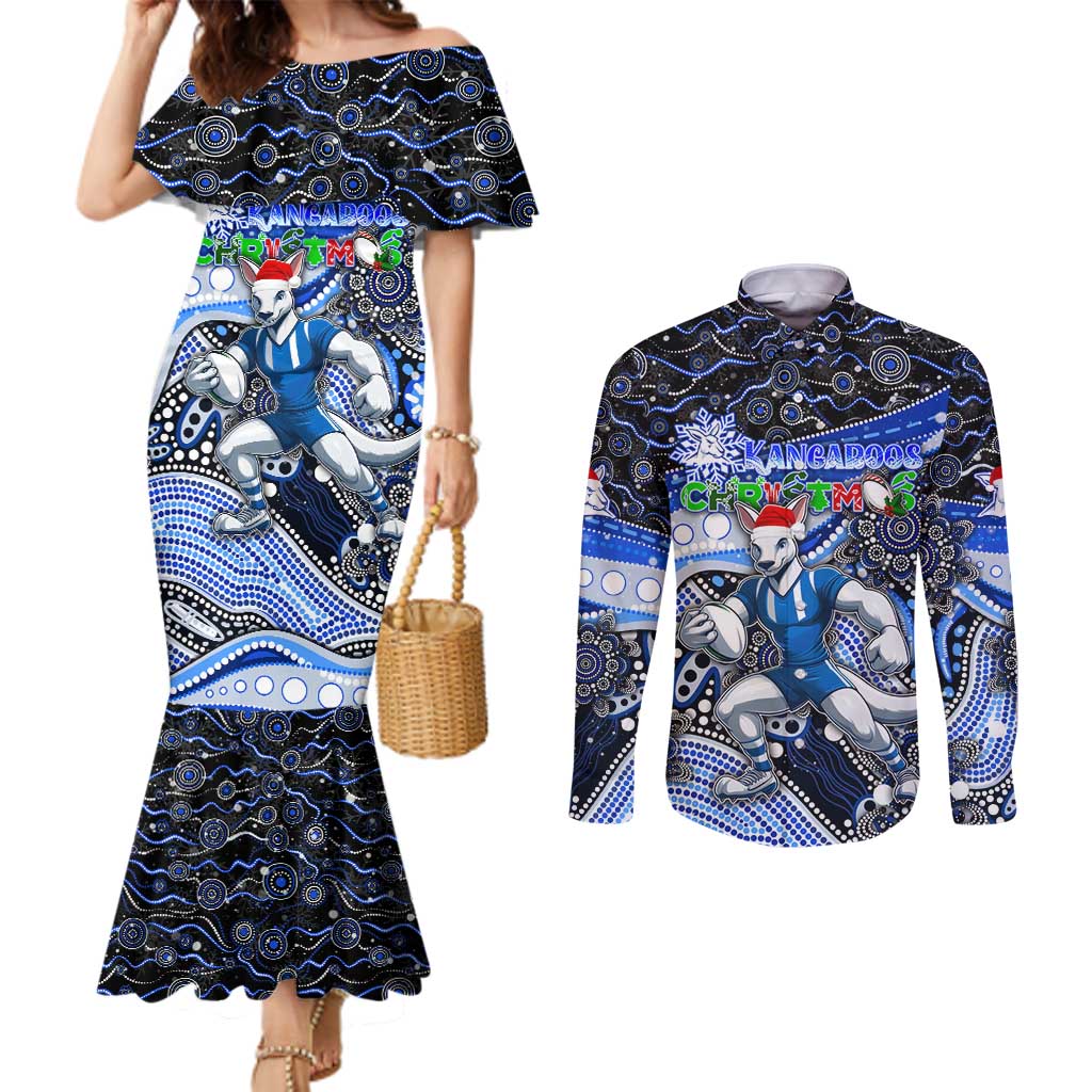 Merry Christmas AFL Kangaroos Couples Matching Mermaid Dress and Long Sleeve Button Shirt Aboriginal Santa Football Mascot