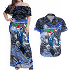 Merry Christmas AFL Kangaroos Couples Matching Off Shoulder Maxi Dress and Hawaiian Shirt Aboriginal Santa Football Mascot