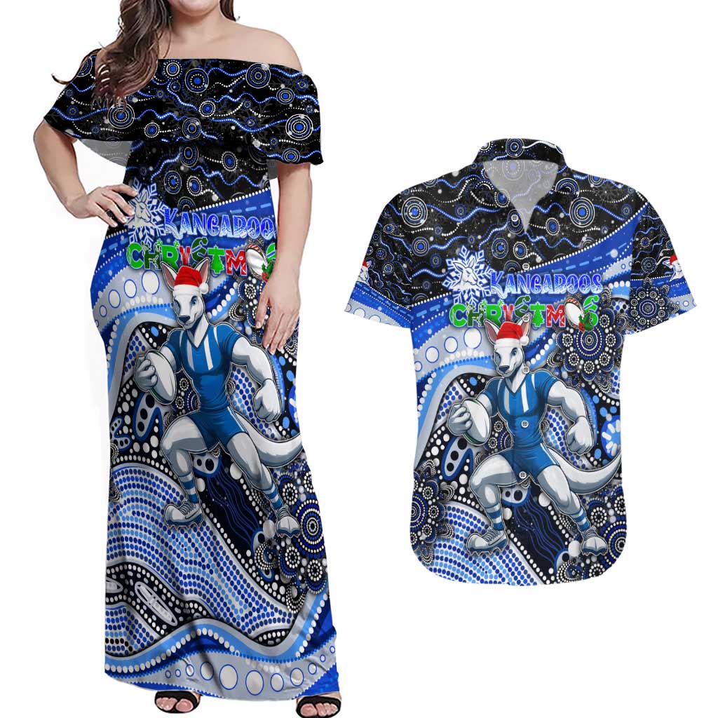 Merry Christmas AFL Kangaroos Couples Matching Off Shoulder Maxi Dress and Hawaiian Shirt Aboriginal Santa Football Mascot