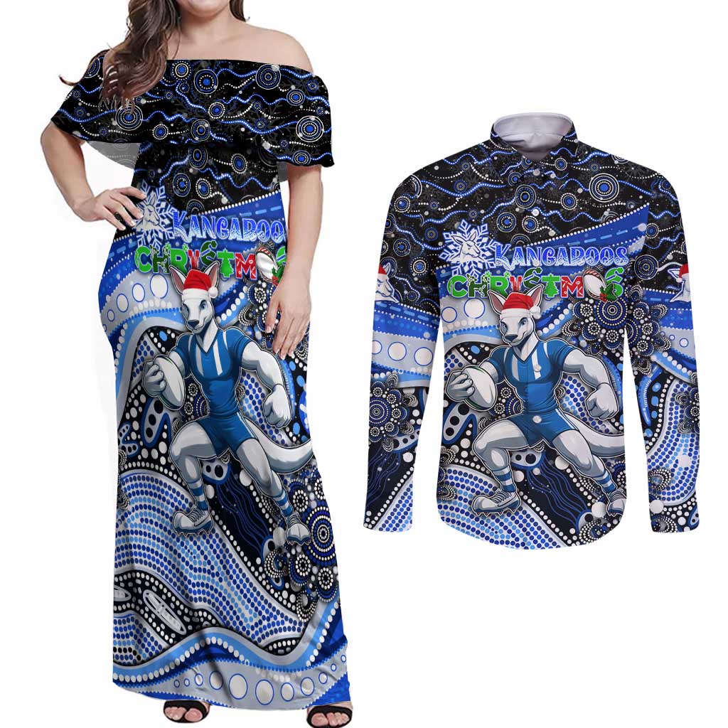Merry Christmas AFL Kangaroos Couples Matching Off Shoulder Maxi Dress and Long Sleeve Button Shirt Aboriginal Santa Football Mascot