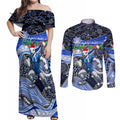 Merry Christmas AFL Kangaroos Couples Matching Off Shoulder Maxi Dress and Long Sleeve Button Shirt Aboriginal Santa Football Mascot