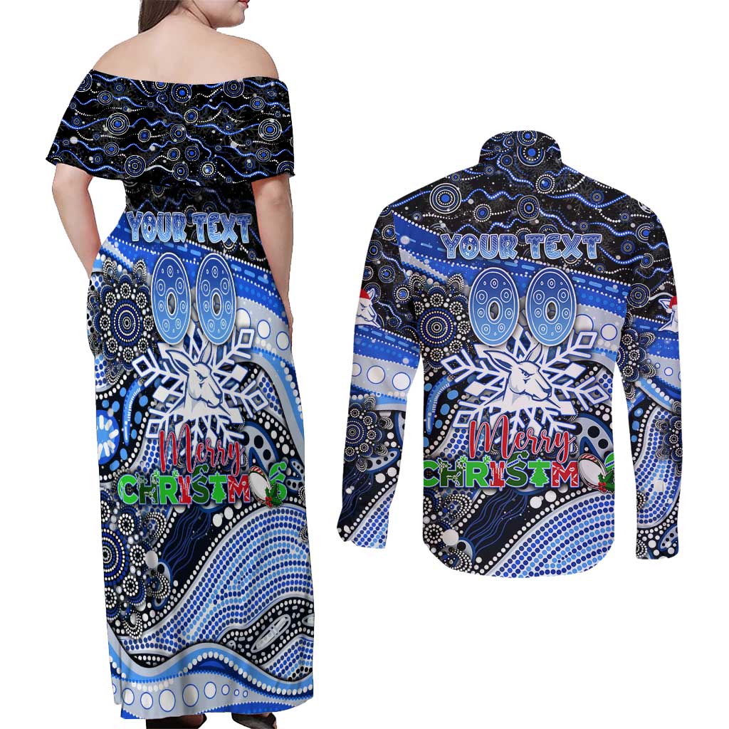 Merry Christmas AFL Kangaroos Couples Matching Off Shoulder Maxi Dress and Long Sleeve Button Shirt Aboriginal Santa Football Mascot