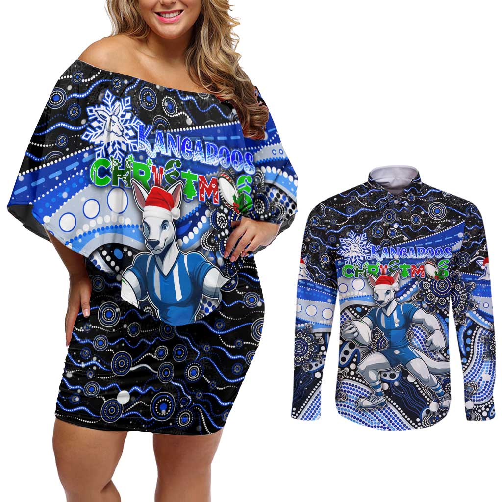 Merry Christmas AFL Kangaroos Couples Matching Off Shoulder Short Dress and Long Sleeve Button Shirt Aboriginal Santa Football Mascot