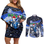 Merry Christmas AFL Kangaroos Couples Matching Off Shoulder Short Dress and Long Sleeve Button Shirt Aboriginal Santa Football Mascot