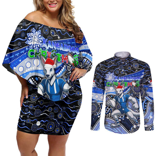 Merry Christmas AFL Kangaroos Couples Matching Off Shoulder Short Dress and Long Sleeve Button Shirt Aboriginal Santa Football Mascot