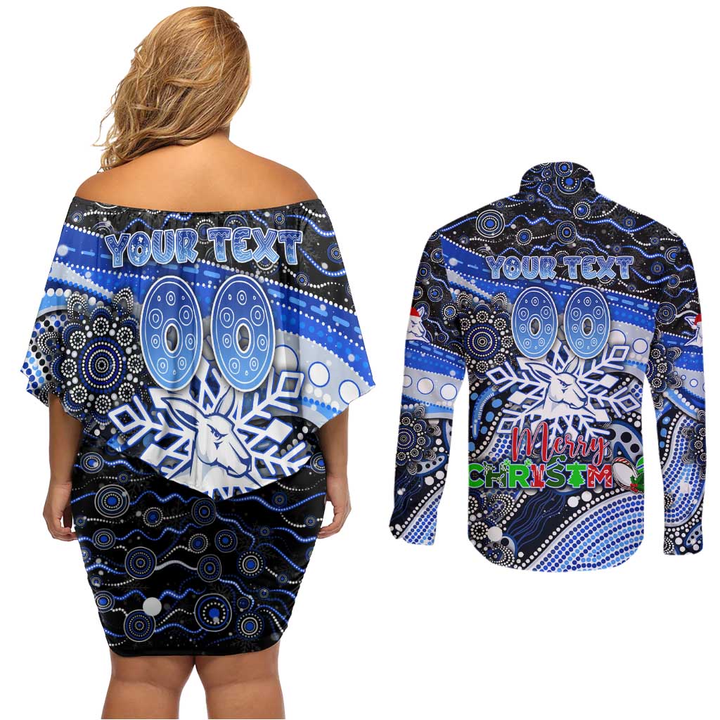 Merry Christmas AFL Kangaroos Couples Matching Off Shoulder Short Dress and Long Sleeve Button Shirt Aboriginal Santa Football Mascot