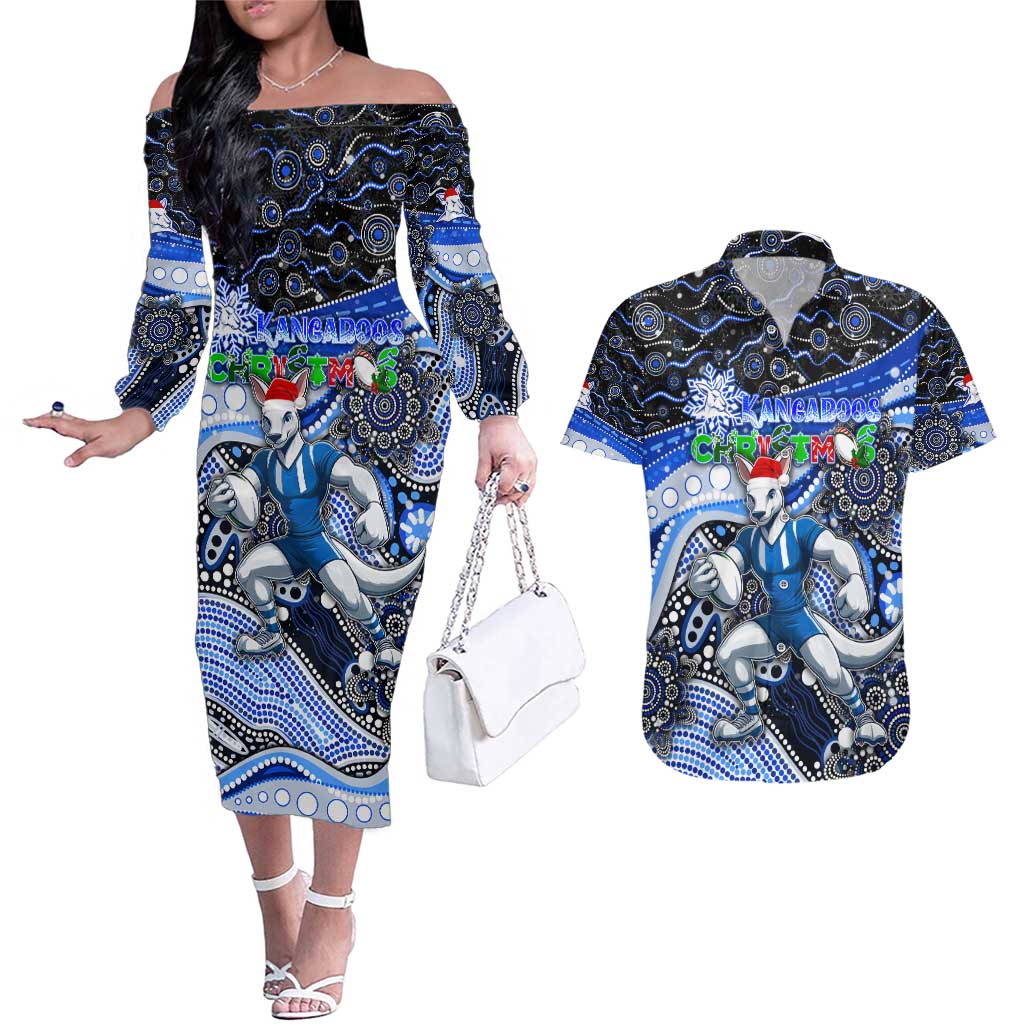 Merry Christmas AFL Kangaroos Couples Matching Off The Shoulder Long Sleeve Dress and Hawaiian Shirt Aboriginal Santa Football Mascot