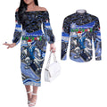 Merry Christmas AFL Kangaroos Couples Matching Off The Shoulder Long Sleeve Dress and Long Sleeve Button Shirt Aboriginal Santa Football Mascot