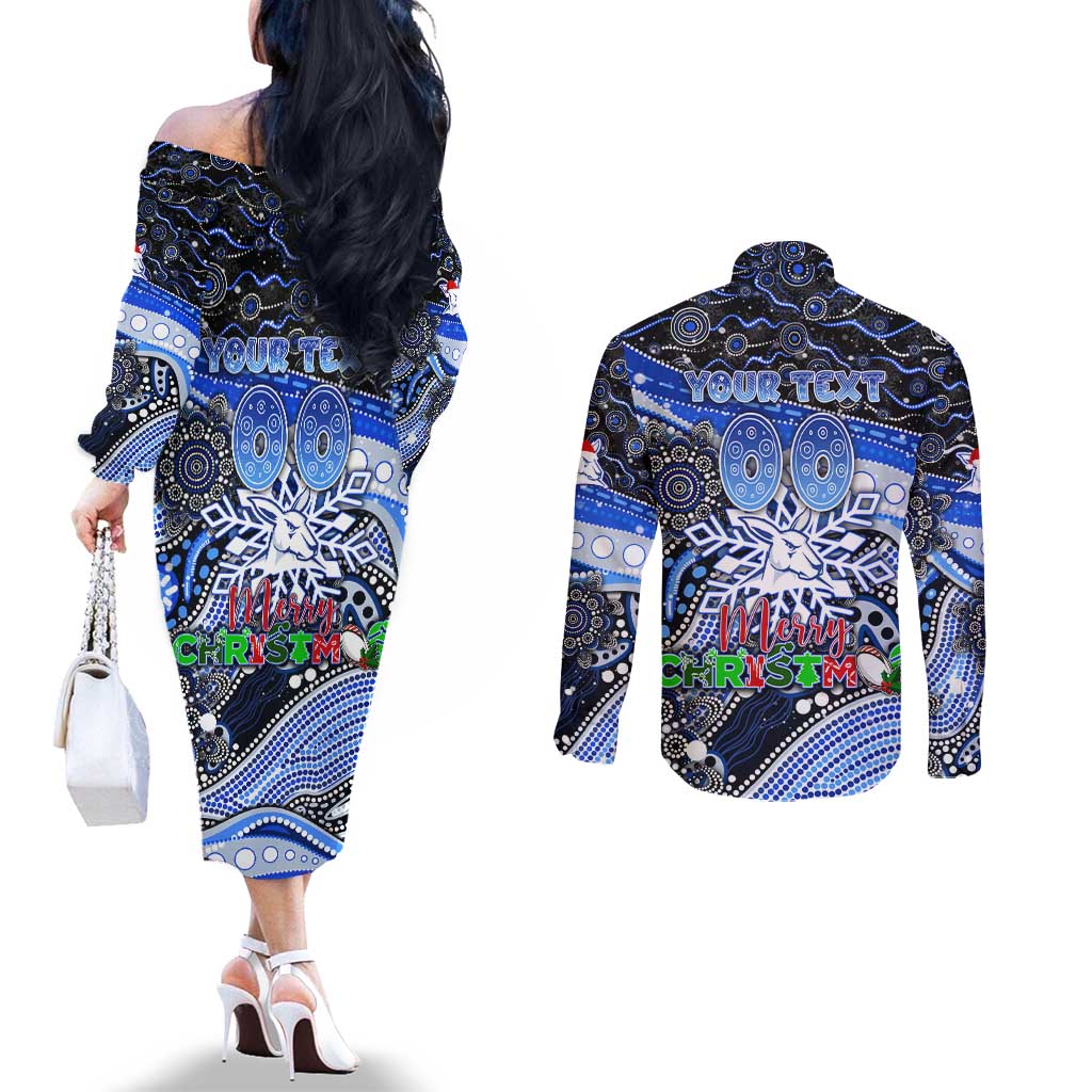 Merry Christmas AFL Kangaroos Couples Matching Off The Shoulder Long Sleeve Dress and Long Sleeve Button Shirt Aboriginal Santa Football Mascot