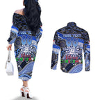 Merry Christmas AFL Kangaroos Couples Matching Off The Shoulder Long Sleeve Dress and Long Sleeve Button Shirt Aboriginal Santa Football Mascot