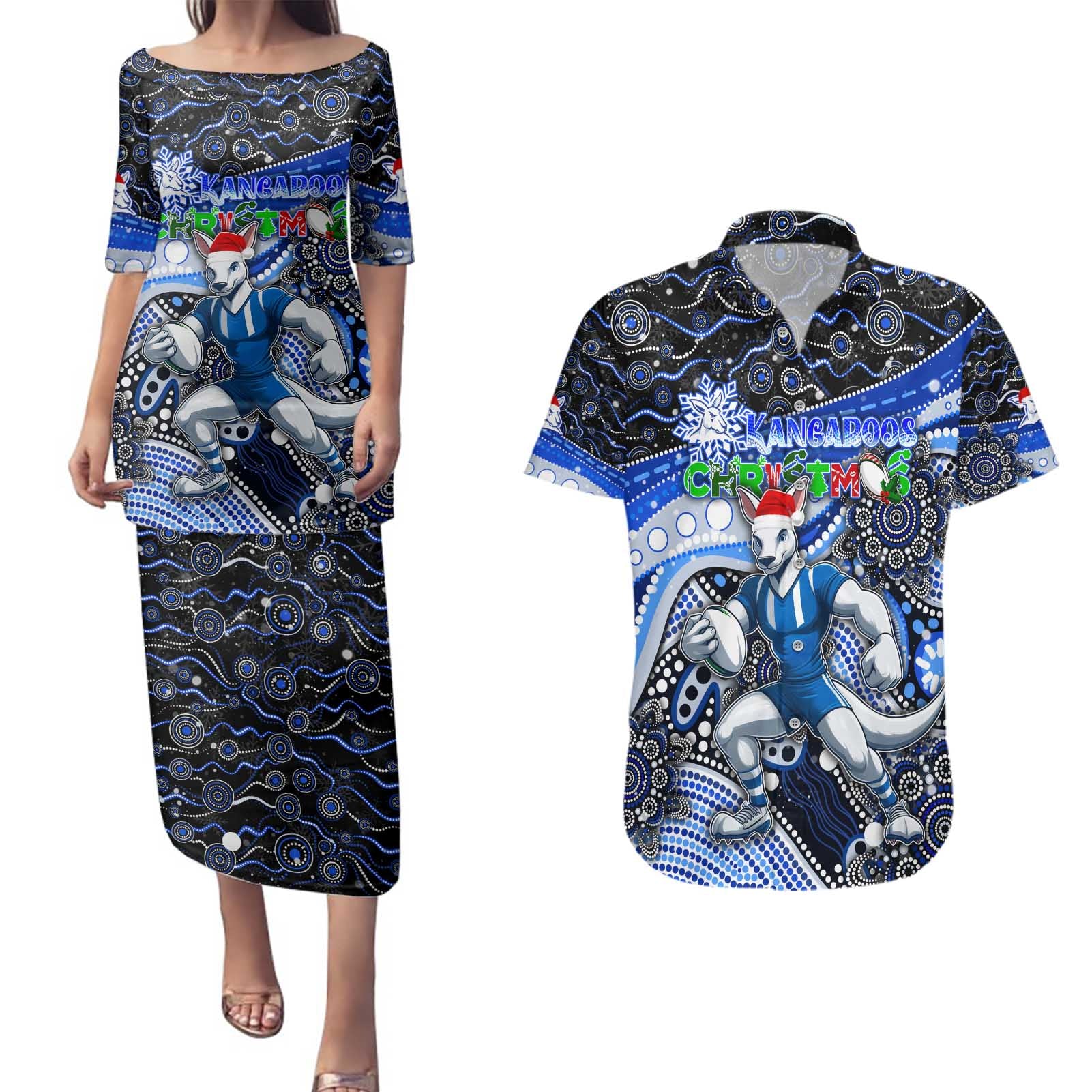 Merry Christmas AFL Kangaroos Couples Matching Puletasi and Hawaiian Shirt Aboriginal Santa Football Mascot
