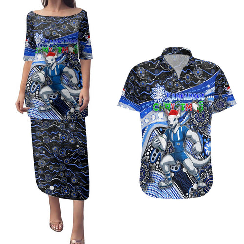 Merry Christmas AFL Kangaroos Couples Matching Puletasi and Hawaiian Shirt Aboriginal Santa Football Mascot