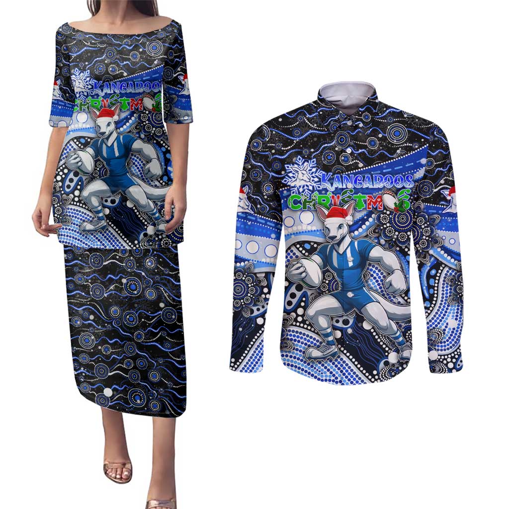 Merry Christmas AFL Kangaroos Couples Matching Puletasi and Long Sleeve Button Shirt Aboriginal Santa Football Mascot