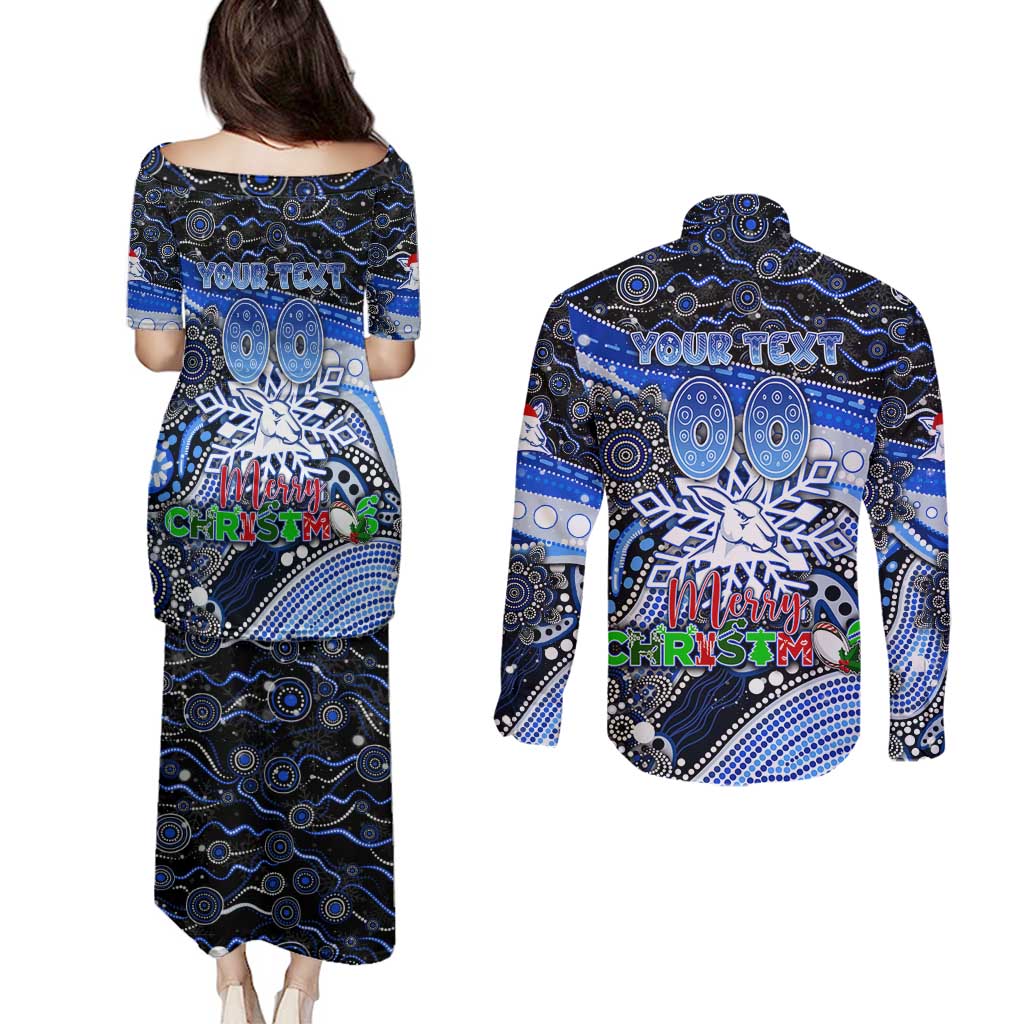 Merry Christmas AFL Kangaroos Couples Matching Puletasi and Long Sleeve Button Shirt Aboriginal Santa Football Mascot