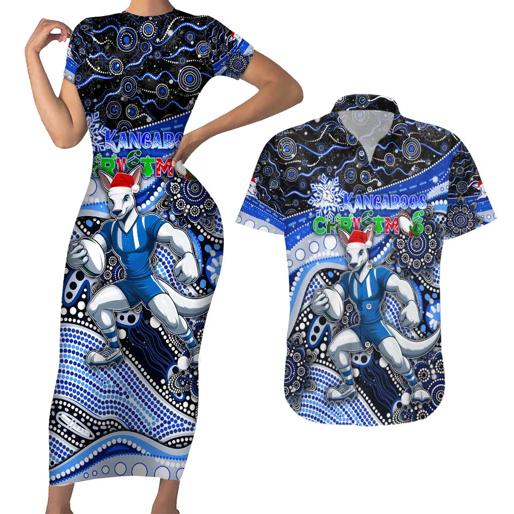 Merry Christmas AFL Kangaroos Couples Matching Short Sleeve Bodycon Dress and Hawaiian Shirt Aboriginal Santa Football Mascot