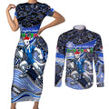 Merry Christmas AFL Kangaroos Couples Matching Short Sleeve Bodycon Dress and Long Sleeve Button Shirt Aboriginal Santa Football Mascot
