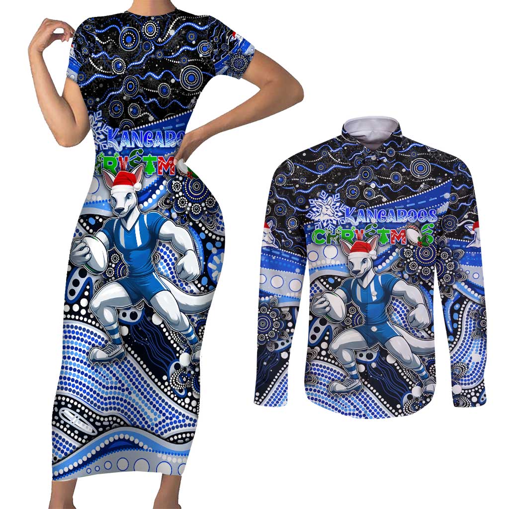 Merry Christmas AFL Kangaroos Couples Matching Short Sleeve Bodycon Dress and Long Sleeve Button Shirt Aboriginal Santa Football Mascot