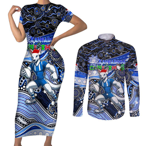 Merry Christmas AFL Kangaroos Couples Matching Short Sleeve Bodycon Dress and Long Sleeve Button Shirt Aboriginal Santa Football Mascot