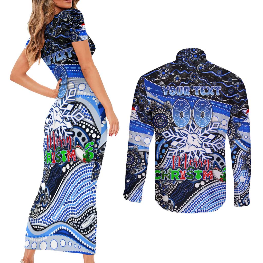 Merry Christmas AFL Kangaroos Couples Matching Short Sleeve Bodycon Dress and Long Sleeve Button Shirt Aboriginal Santa Football Mascot