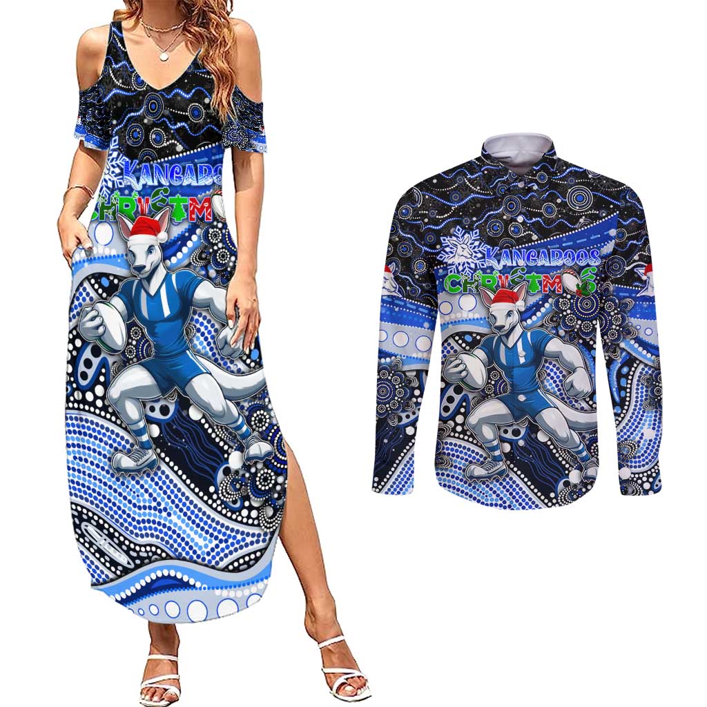 Merry Christmas AFL Kangaroos Couples Matching Summer Maxi Dress and Long Sleeve Button Shirt Aboriginal Santa Football Mascot