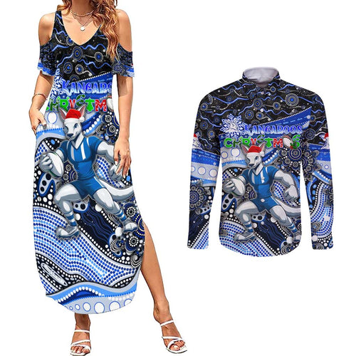 Merry Christmas AFL Kangaroos Couples Matching Summer Maxi Dress and Long Sleeve Button Shirt Aboriginal Santa Football Mascot