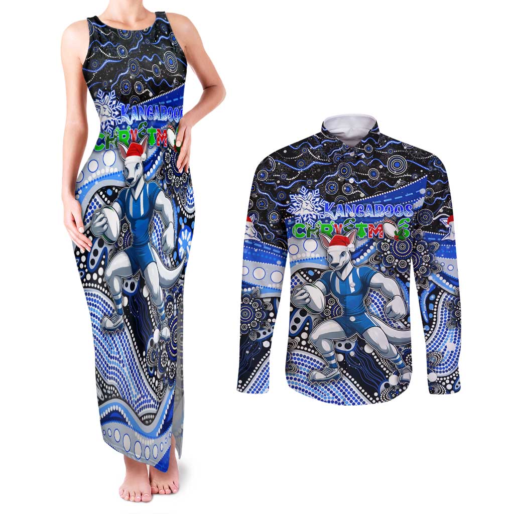 Merry Christmas AFL Kangaroos Couples Matching Tank Maxi Dress and Long Sleeve Button Shirt Aboriginal Santa Football Mascot