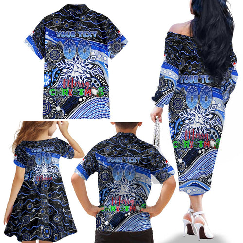 Merry Christmas AFL Kangaroos Family Matching Off The Shoulder Long Sleeve Dress and Hawaiian Shirt Aboriginal Santa Football Mascot