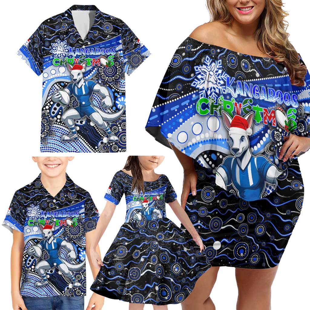 Merry Christmas AFL Kangaroos Family Matching Off Shoulder Short Dress and Hawaiian Shirt Aboriginal Santa Football Mascot