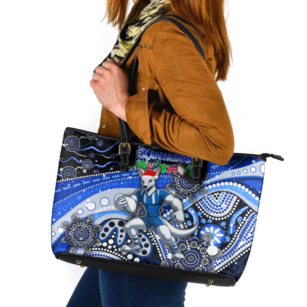 Merry Christmas AFL Kangaroos Leather Tote Bag Aboriginal Santa Football Mascot