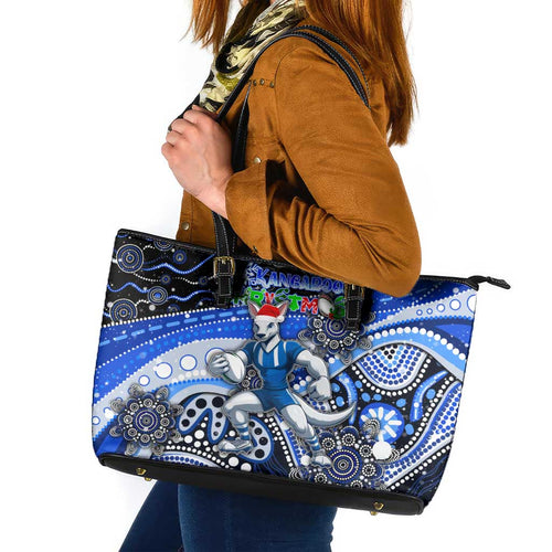 Merry Christmas AFL Kangaroos Leather Tote Bag Aboriginal Santa Football Mascot
