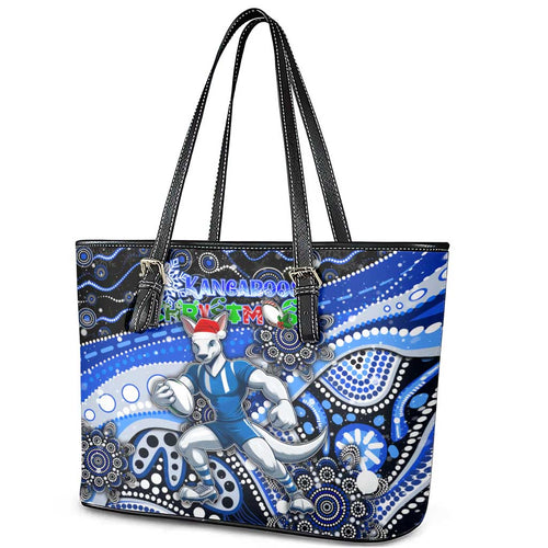 Merry Christmas AFL Kangaroos Leather Tote Bag Aboriginal Santa Football Mascot