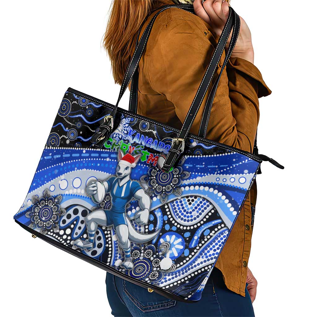 Merry Christmas AFL Kangaroos Leather Tote Bag Aboriginal Santa Football Mascot